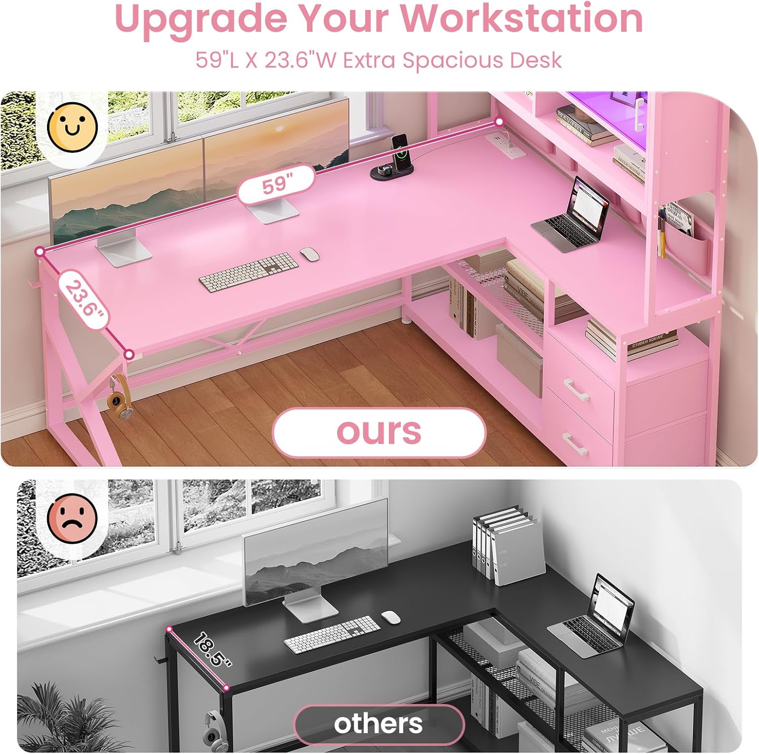 SEDETA L Shaped Gaming Desk, Home Office Computer Desk with 2 Drawer and Bookshelf, L Shaped Gaming Desk with LED Light, Glass Cabinet and Storage Bag, Corner Desk with Storage Shelves, Pink
