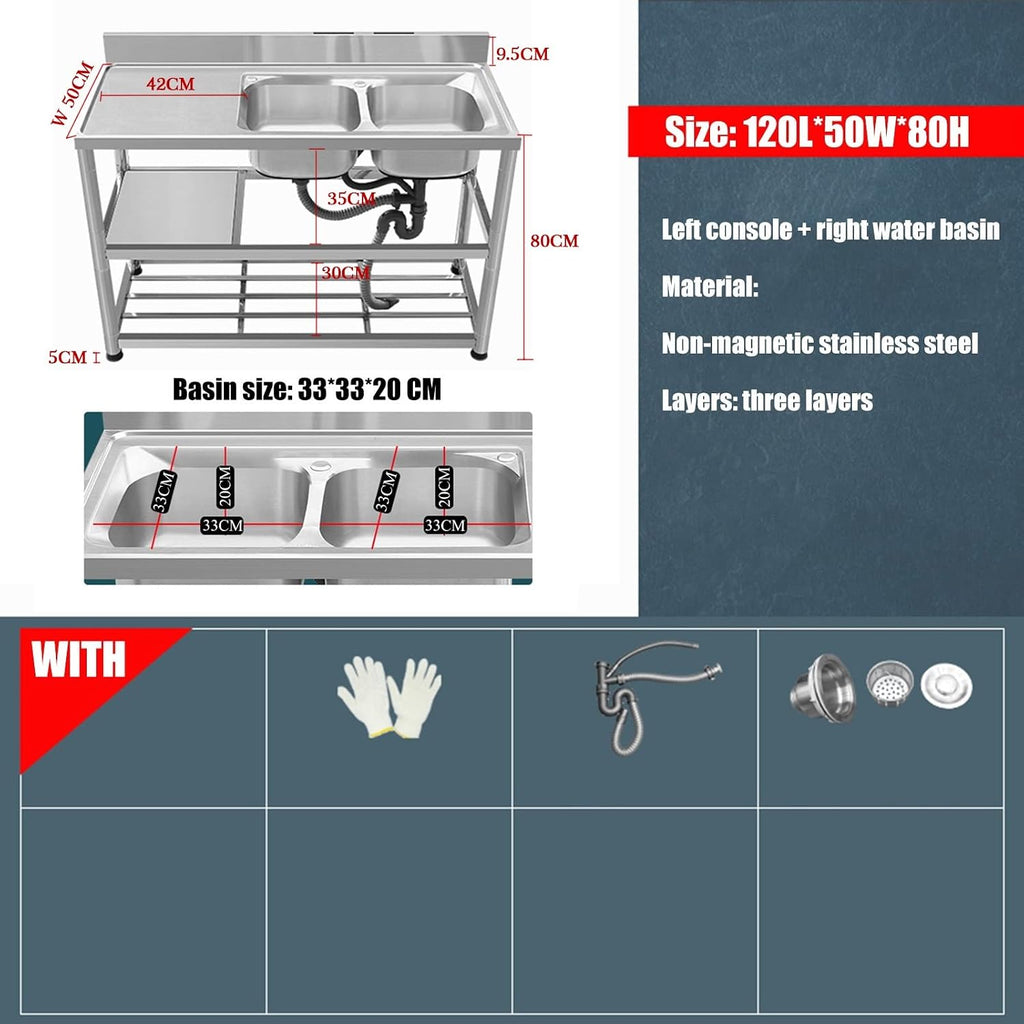 Double Bowl Sinks,Kitchen Utility Sinks with Faucets, Free-Standing Stainless Steel Vegetable Basin Double Sink,Portable Drop Sink for Farmhouse Laundry Roo(Without Faucet-Right