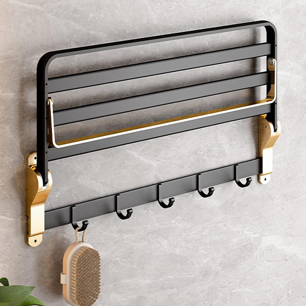 TOMYEUS Shower Caddy Bathroom Shelf Foldable Towel Bar Holder，Floating Shelves Wall Mounted，Bathroom Shelf Wall Mounted with Towel Hooks（Black Gold） Shower Organizer