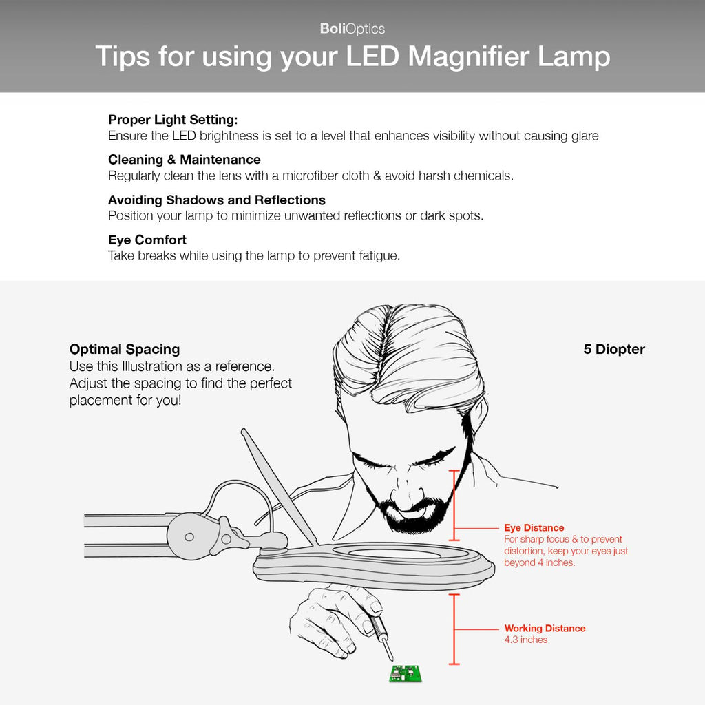 ESD Safe (Glass Lens) Professional LED Magnifying Lamp with Clamp (5 Diopter, 2.25X) Work Light, 4 Brightness Levels, Daylight Bright, 1200 Lumens, 5600K-6000K, Matte Black, BoliOptics MG16303222