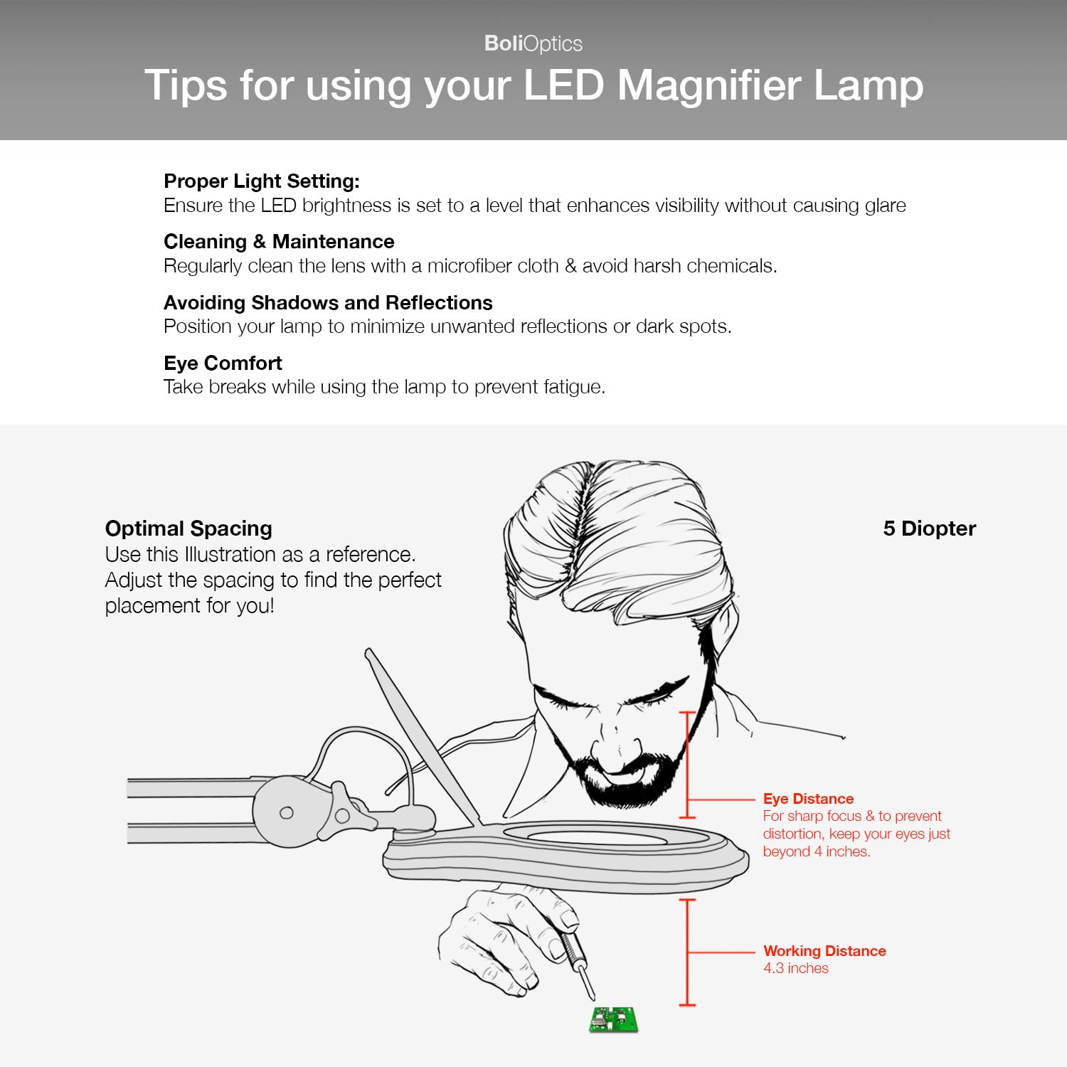 ESD Safe (Glass Lens) Professional LED Magnifying Lamp with Clamp (5 Diopter, 2.25X) Work Light, 4 Brightness Levels, Daylight Bright, 1200 Lumens, 5600K-6000K, Matte Black, BoliOptics MG16303222
