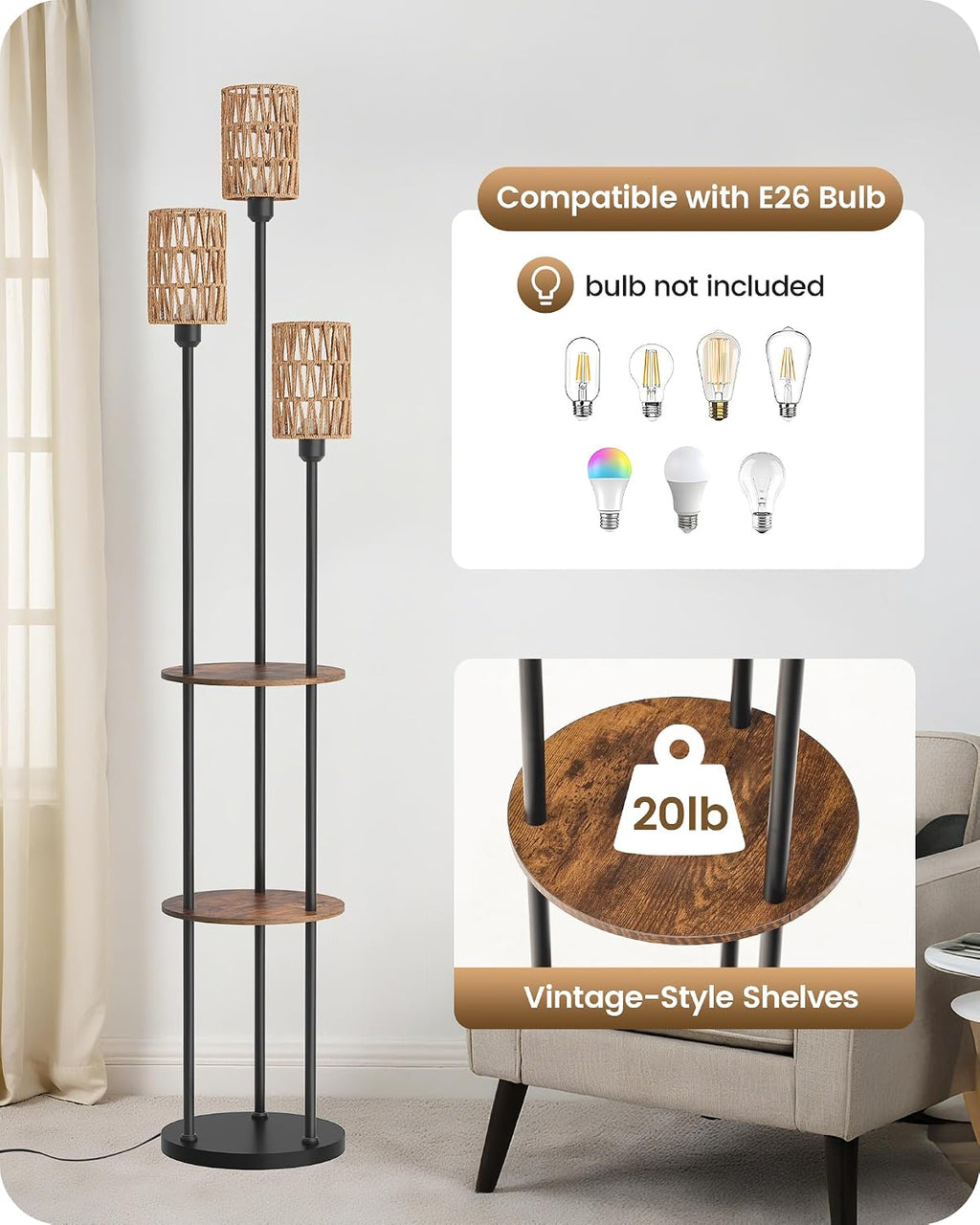 Floor Lamp with Shelves, Boho Floor Lamp with Foot Switch, 3-Light Standing Lamp, for Living Room, Bedroom, Study, Rustic Brown and Yellow YF53LD05