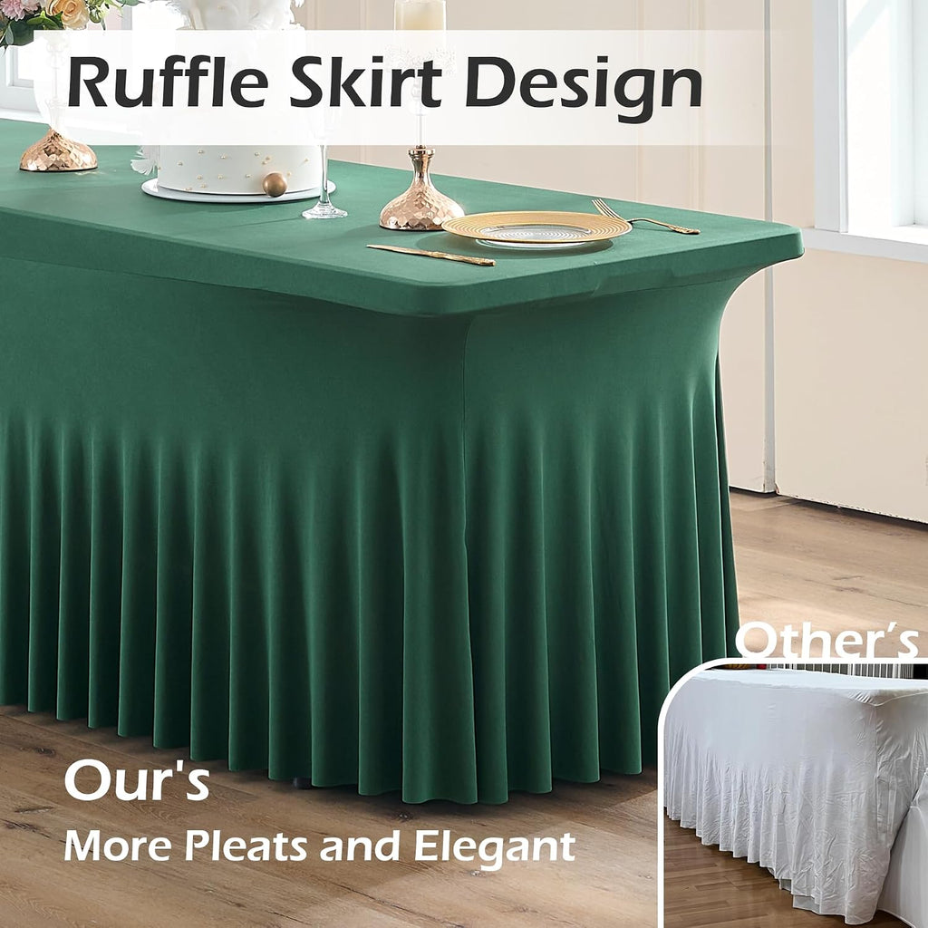 6 pk Hunter Green Spandex Tablecloth for 6 Foot Rectangle Tables, Wrinkle Free Fitted Spandex Table Covers 6ft Green Stretch Table Cloths with Ruffle Skirt for Parties Weddings Banquet Baby Shower