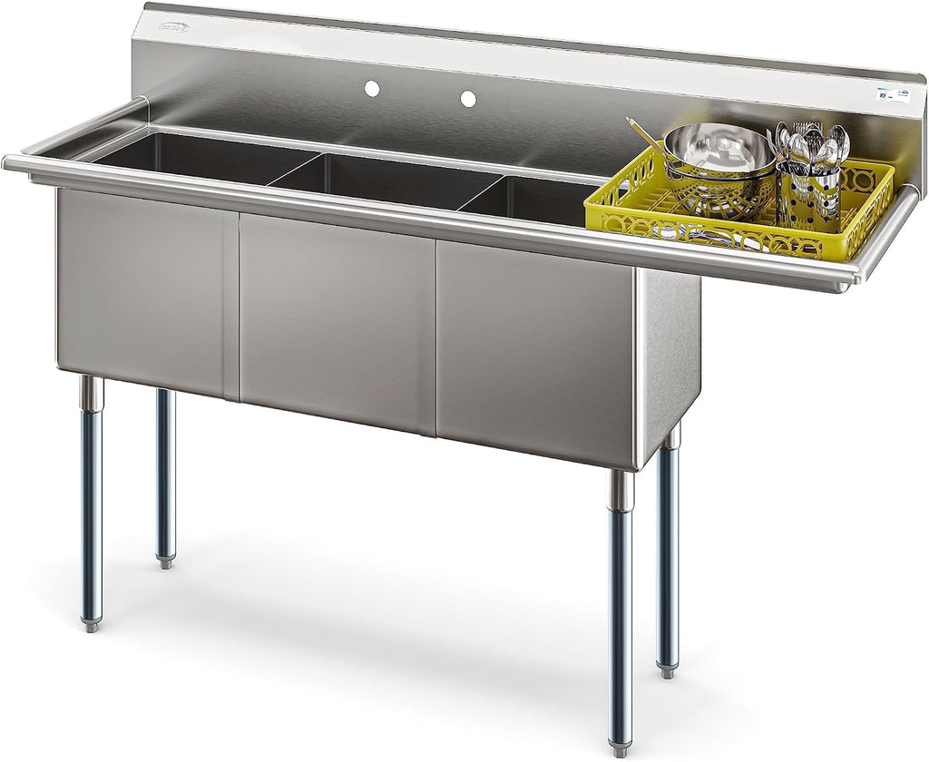 KoolMore 63 in. Three Compartment 18-Gauge Stainless-Steel NSF Commercial Kitchen Sink, Bowl Size 15x15x14, with Three Basins and Pre-Drilled Faucet Holes for Restaurants and Cafes (KM-SC151514-15R3)
