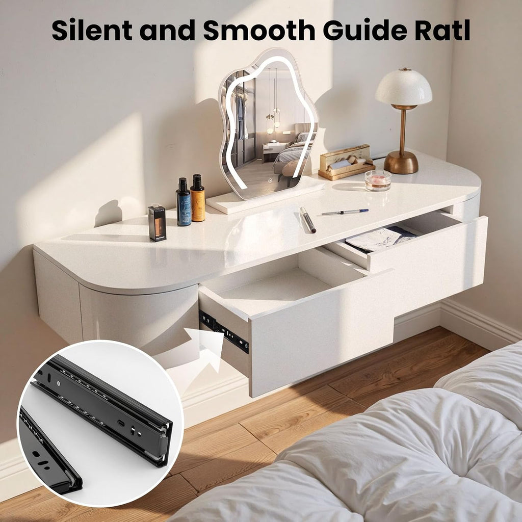 Corner Floating Desk with Drawers, Floating Vanity Makeup Table, Small Wall Mounted Floating Dressing Table Wall Storage Set, Wood Floating Shelf with Drawers, Modern White Vanity with Lighted Mirror(