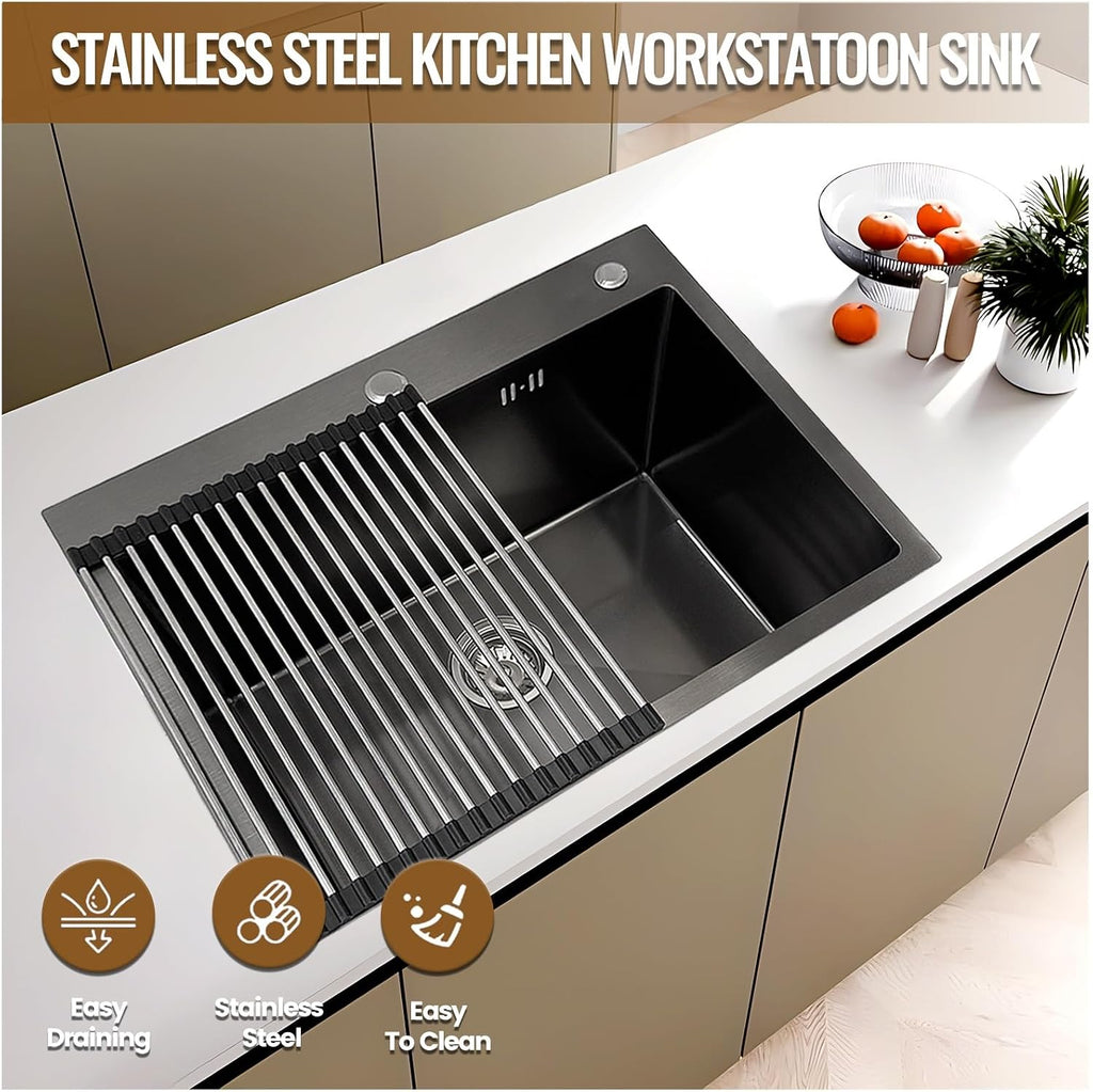 Stainless Steel Kitchen Sink, Small Single Bowl Sink, Topmount Compact Bar/Utility Sink With Tap Hole, Overflow & Drainer Kit, For Bar, Pub, RV, Campervan, Basement, Outdoor Use(Black,55x45cm)