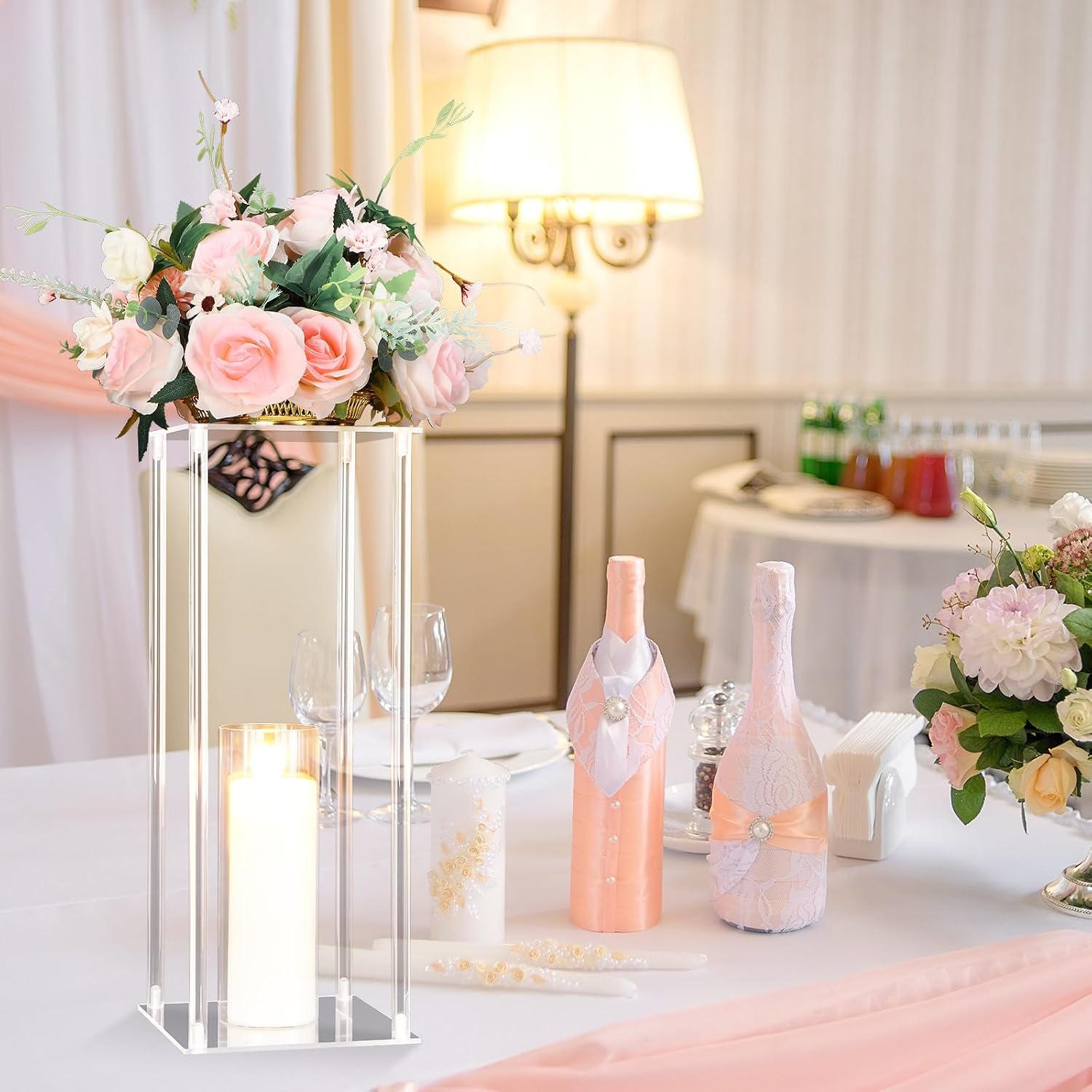 Sieral 6 Sets 20''Tall Clear Acrylic Flower Vase Wedding Centerpieces Flowers Stand with Glass Candle Holders Cylinder Vases, Transparent Flower Vases for Table Centerpiece Wedding Home (Large)