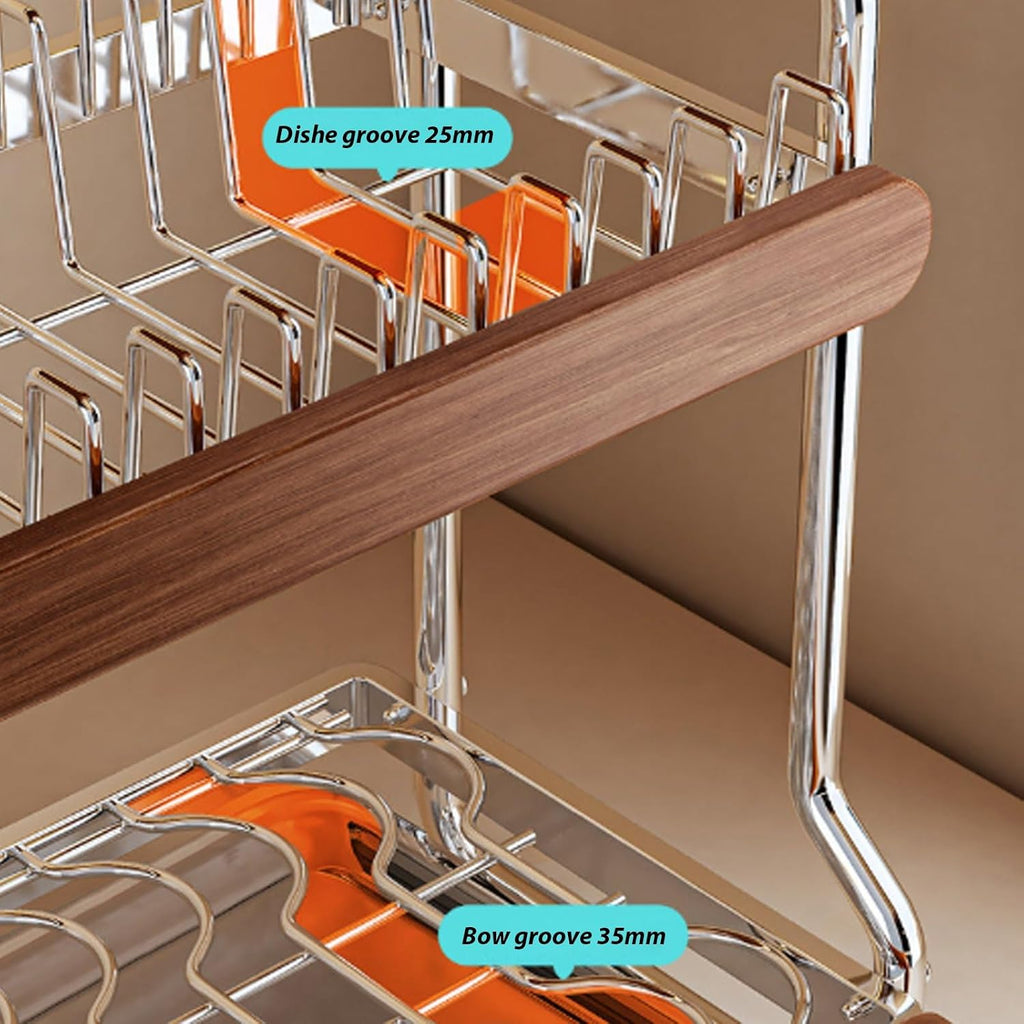 Dish Racks Large-Capacity,partitioned Stainless Steel Dish Rack with Thickened Pipes;Multi-Functional Kitchen Storage for Dishes,Bowls,and Chopsticks;Includes a drip Tray(Double
