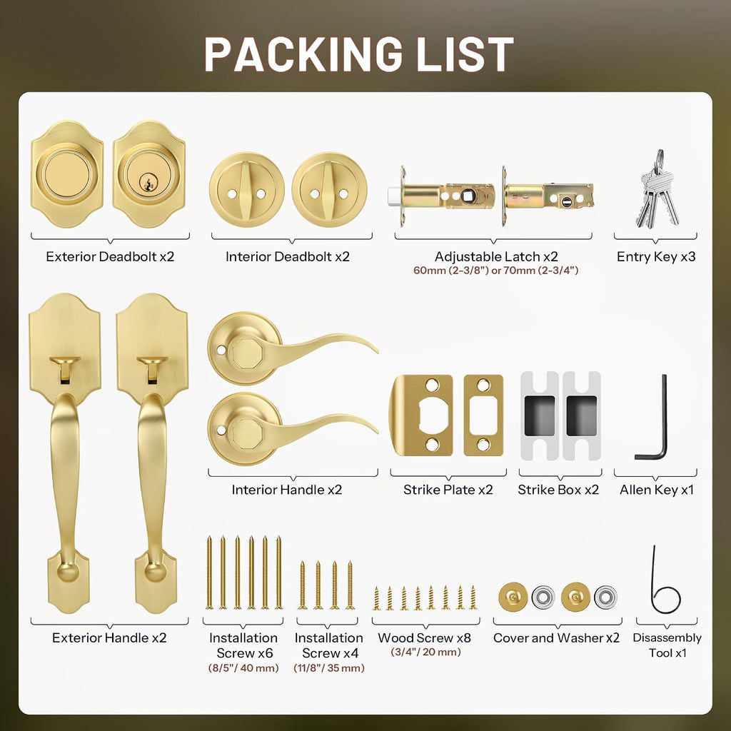 Double Front Door Handle Set with Dummy and Deadbolt, Brushed Gold Entry Front Door Lock Set with Gold Classic Half Grip Curved Door Handle for Exterior Doors or Office, Satin Brass