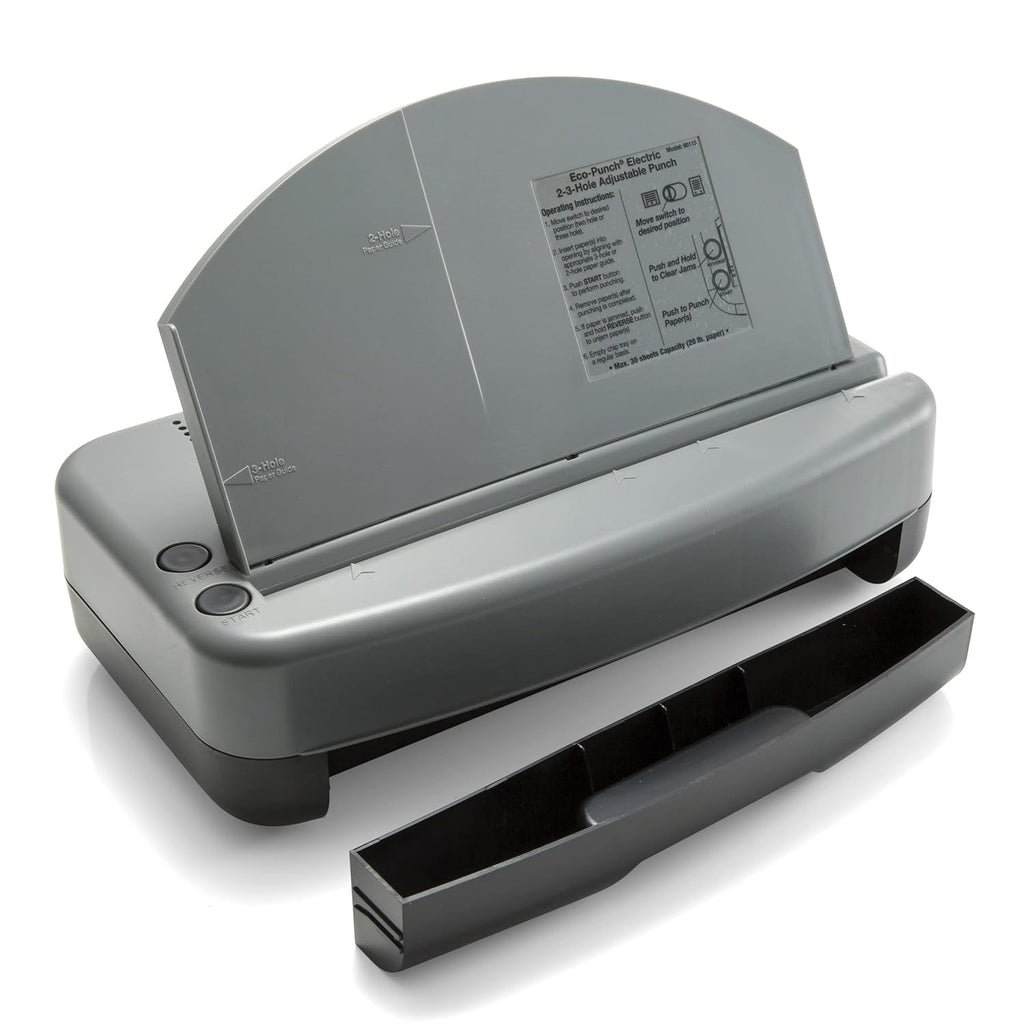Officemate Electric 2-3 Hole Punch, Adjustable Desktop Eco-Punch, 30-Sheet Capacity, Built-in Paper Guide, Chip Tray & AC Adapter, Gray/Black (90115)