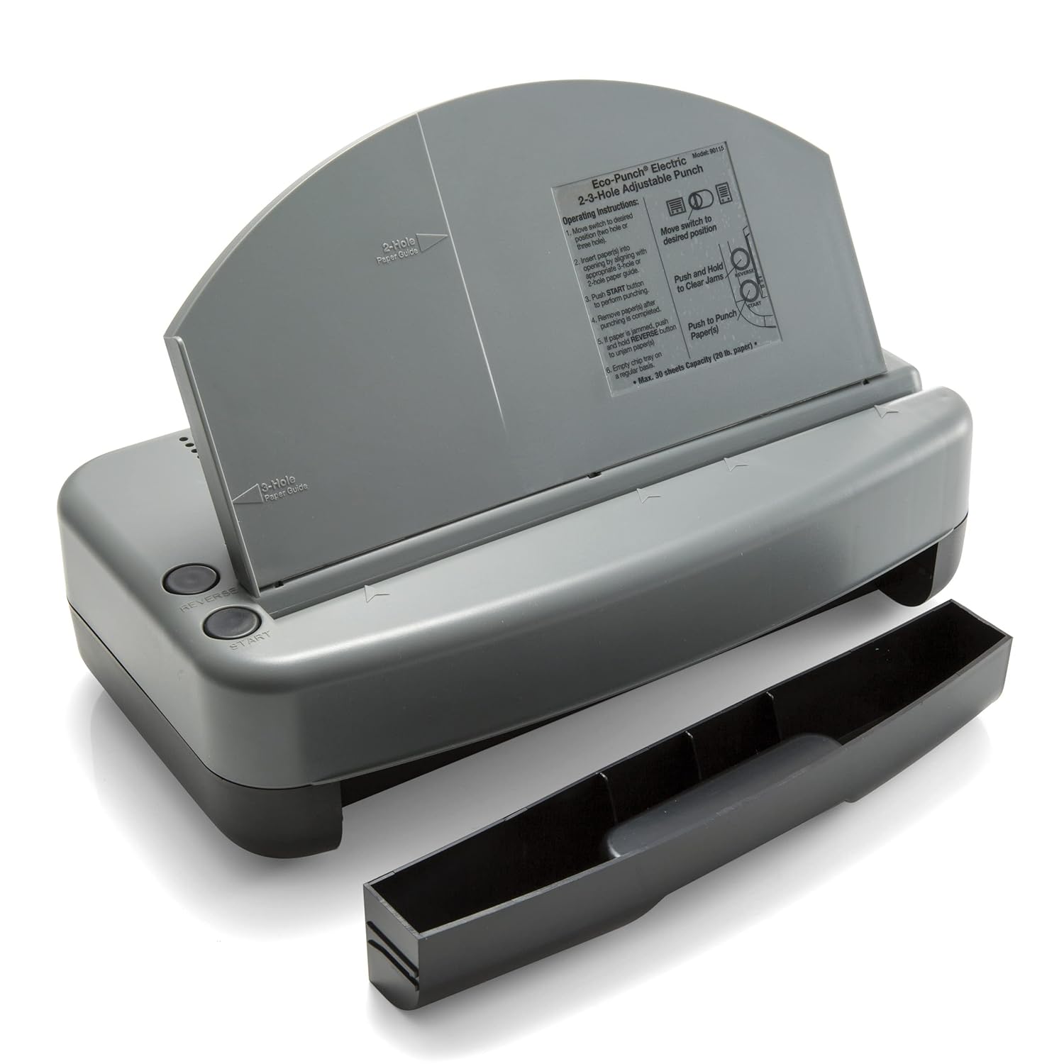 Officemate Electric 2-3 Hole Punch, Adjustable Desktop Eco-Punch, 30-Sheet Capacity, Built-in Paper Guide, Chip Tray & AC Adapter, Gray/Black (90115)