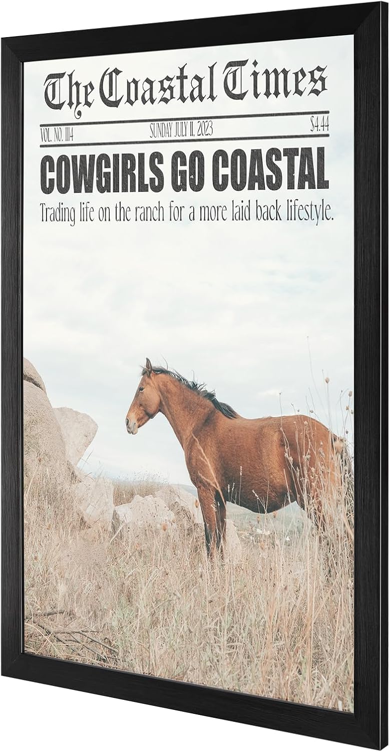 Black Framed Flat Vintage Cowgirls Go Coastal Newspaper Poster Horse Rocks And Coastal Grass Canvas Wall Art Shoreline Prints Painting For Home Bedroom Dorm Wall Decor 24x36in Black Framed Flat