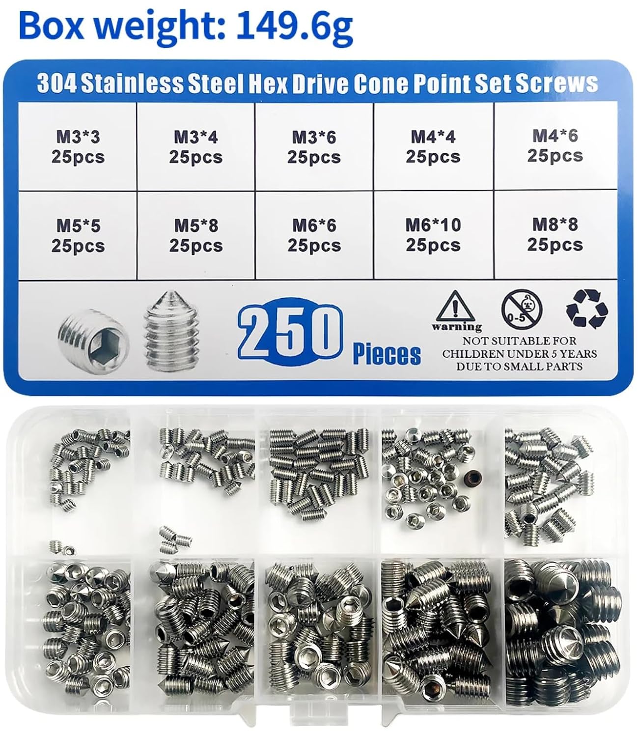 250pcs Stainless Steel Socket Head Hex Set Screws M3 M4 M5 M6 M8 Cup Assortment Kit Grub Screw Cup Point Grub Screw Kit Set (10 Boxes)