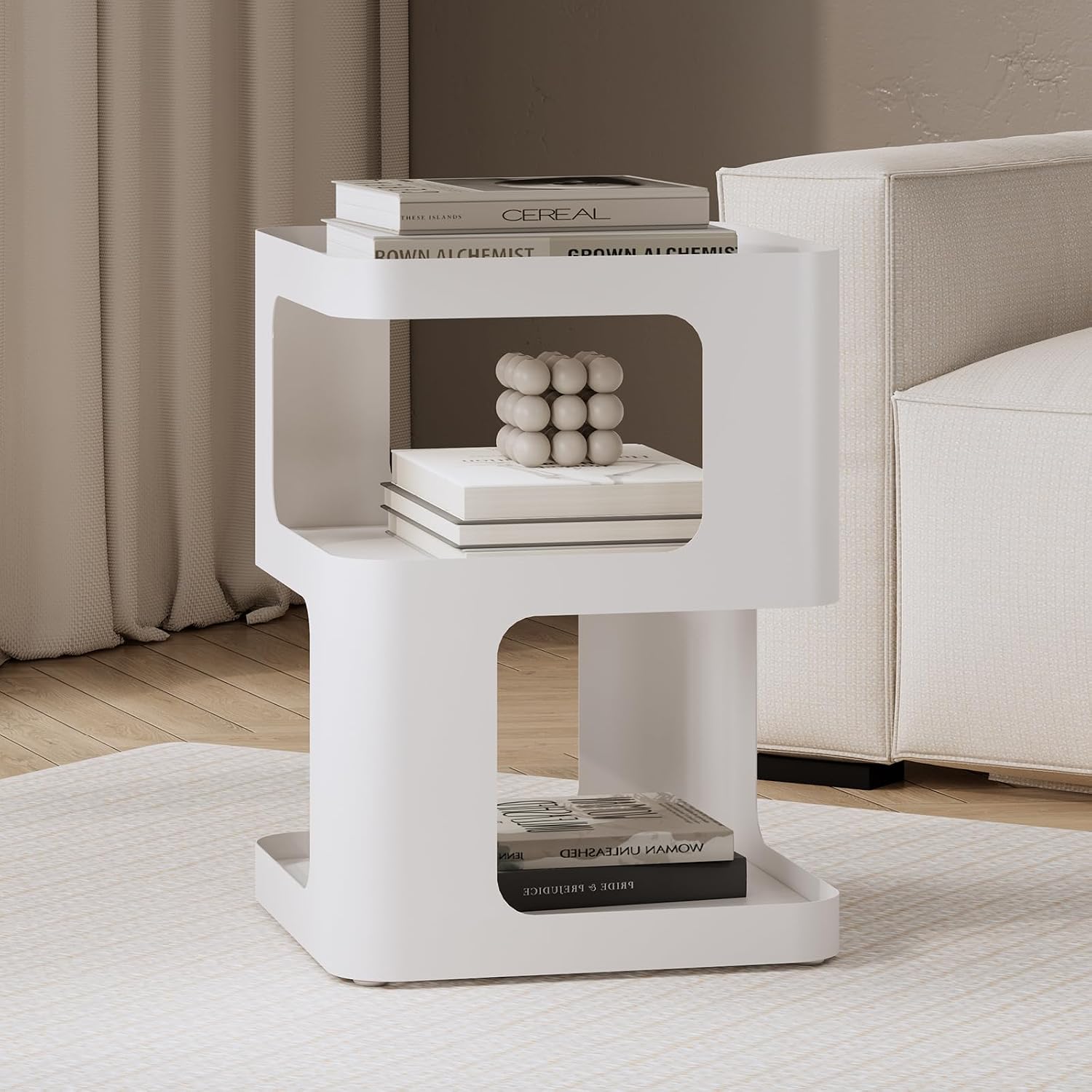 Modern Side Table for Sofa & Couch,White Metal Bedside Table,3 Tier end Tables with Storage for Living Room & Bedroom,Compact Nightstand for Small Spaces,No Assembly Required