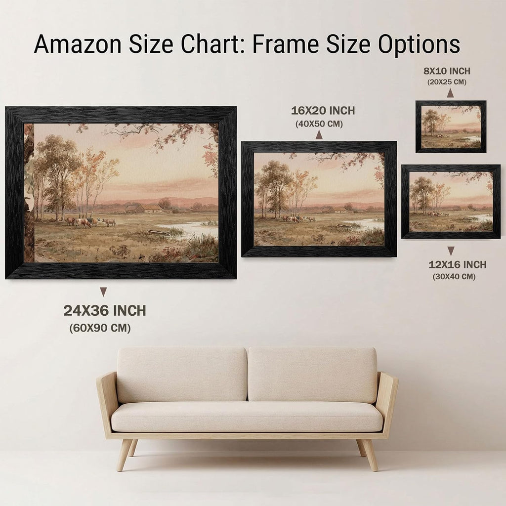 Framed Pastoral Landscape Wall Art, Black Frame Textured Finish, 19th-Century Style Watercolor Meadow at Dusk with Grazing Cattle and Elm Trees, Serene Countryside Home Decor - 24x36 Inch