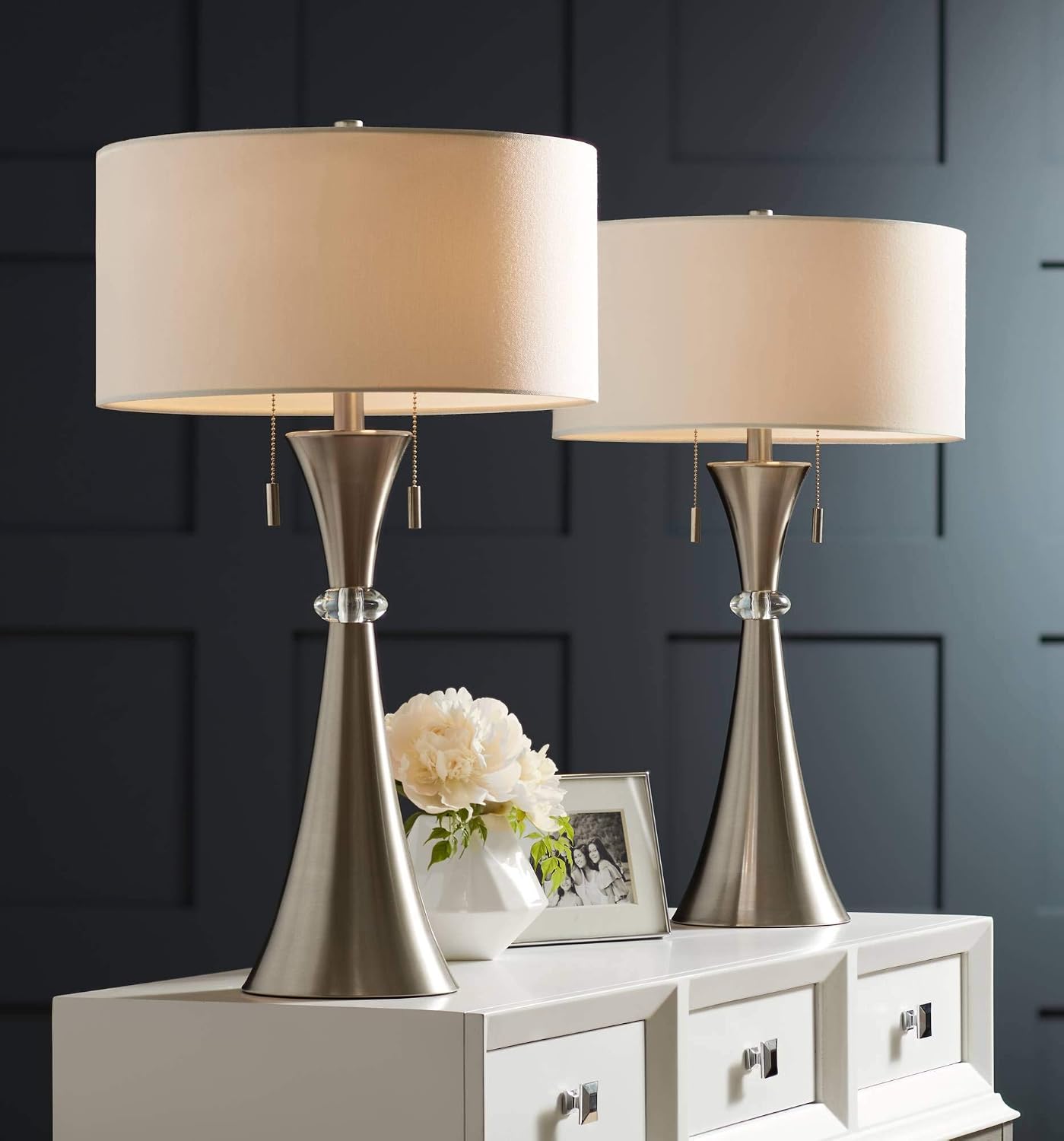 360 Lighting Rachel Modern Art Deco Table Lamps 28' Tall Set of 2 Concave Column Hourglass Silver Metal White Drum Shade for Living Room Bedroom House Bedside Nightstand Home Office Reading
