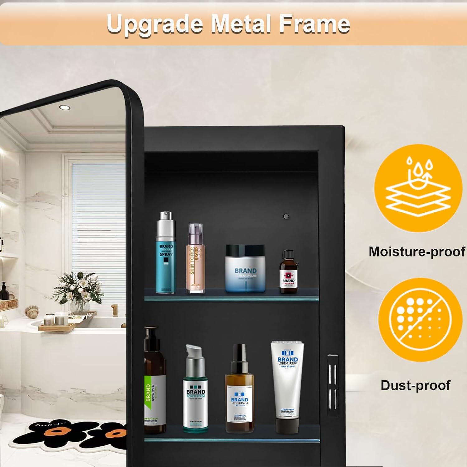 22'x30' Medicine Cabinet Mirror, Black Bathroom Cabinet with Mirror Wall-Mounted or Recessed, Bathroom Vanity Mirror with Storage, Solid Metal Frame, Adjustable Glass Shelves