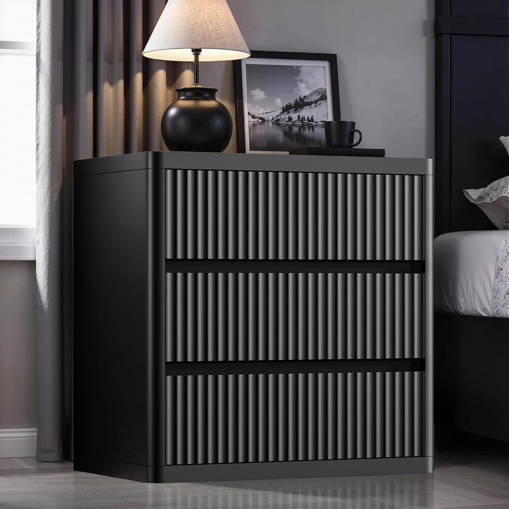 3 Drawer Nightstand, Black Night Stand with Large Storage, Fluted Nightstand for Bedroom, Mid Century Modern End Table Side Table for Living Room Sofa Couch Home Office, Bedside Table 26 Inch Tall