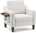 Accent Chair for Living Room Modern Linen Upholstered Armchair Side Wooden Fabric Sofa Chair with Foldable Table 2 Side Pockets Comfy Reading Chair for Bedroom