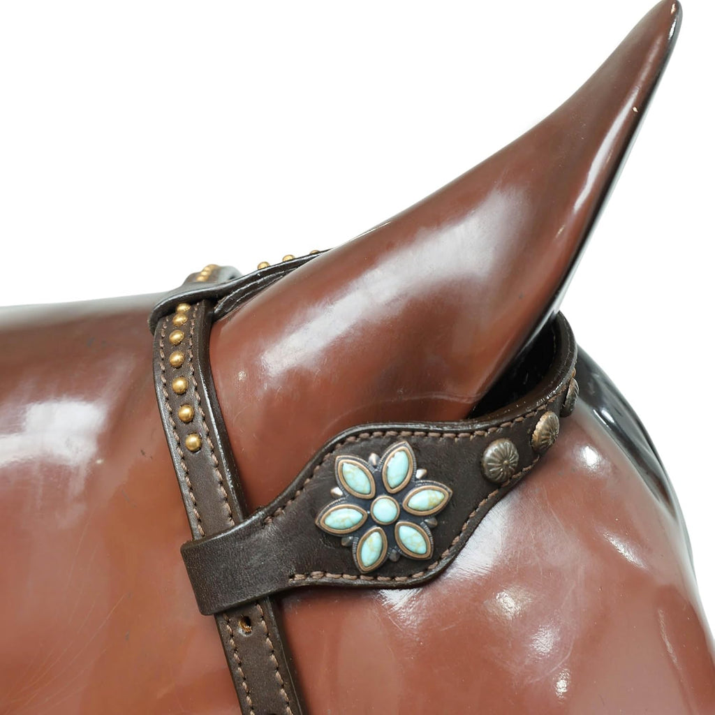 Western Leather Headstall and Breast Collar Tack Set – Turquoise Flower Conchos, Copper Ring & Alligator Inlay with Copper Studs – Genuine Argentina Cowhide