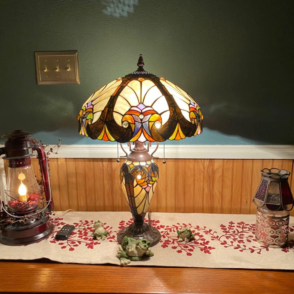 Tiffany Table Lamp Night Light 16' Wide Handmade Stained Glass Lamp Shade 3 Light Amber Cream Victorian Style Vintage Table Lamp for Home and Office