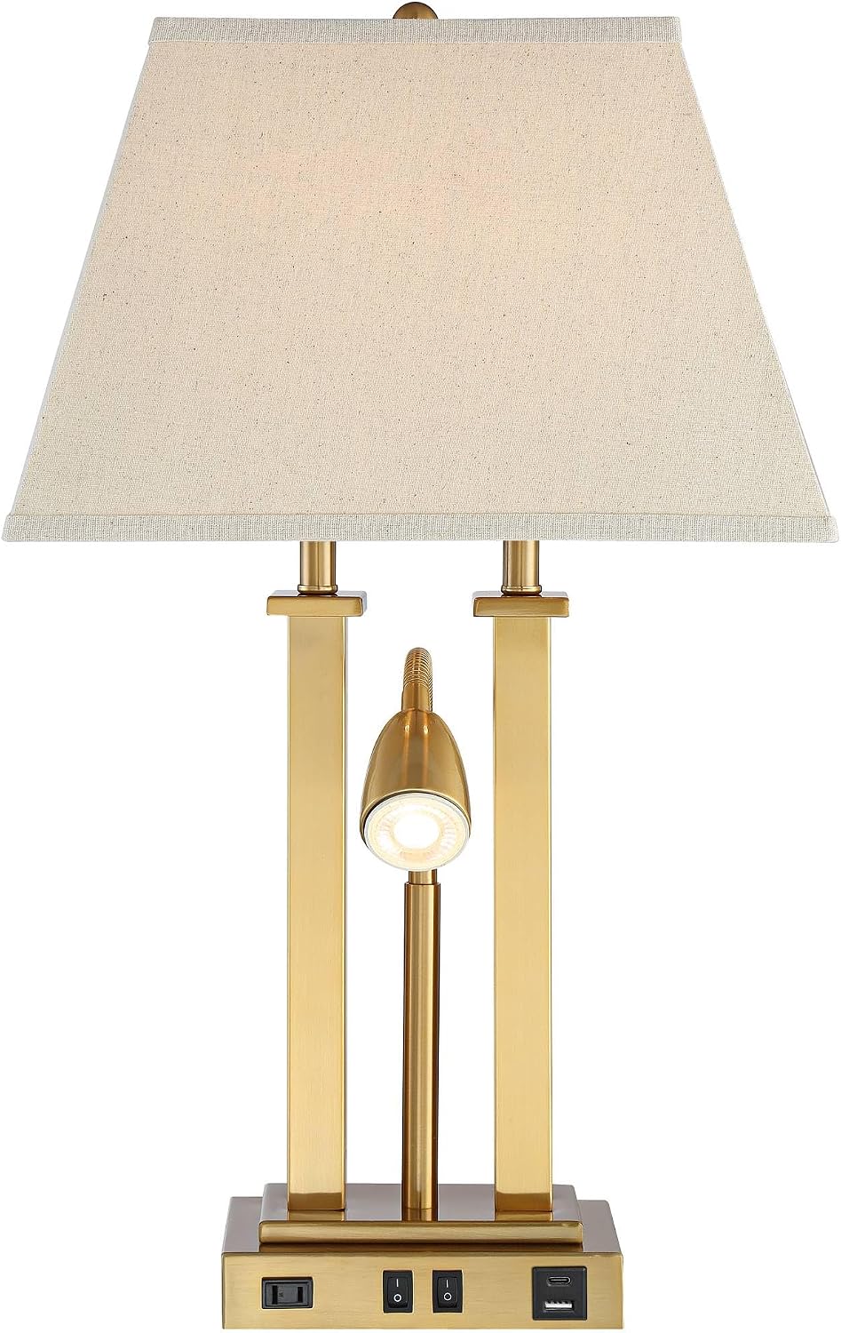Possini Euro Design Deacon Modern Desk Table Lamp with USB and AC Power Outlet in Base LED Gooseneck 26' High Antique Brass Oatmeal Linen Drum Shade for Living Room Bedroom Bedside Nightstand