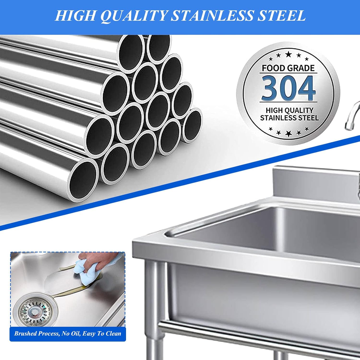 Stainless Steel Prep Utility Sink 1 Compartment Commercial Kitchen Sink with Faucet and Back Splash, Free Standing Utility Prep Single Bowl Sink for Restaurant, Laundry, Garage