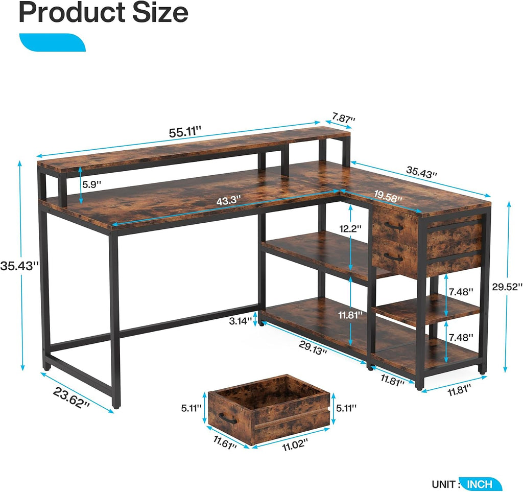 Tribesigns L Shaped Desk with Drawers and Storage Shelves, Home Office L Corner Desk with Monitor Stand, 55' x 24' Desktop Computer Table, Gaming Study Table for Small Space
