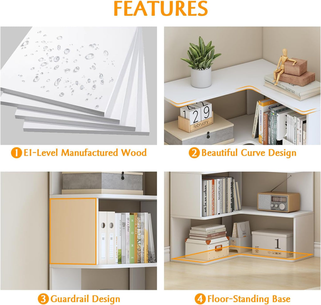 IOTXY 6-Tier L-Shaped Corner Bookshelf - 66' Tall Wooden Freestanding Bookcase with Open Shelf Units, White