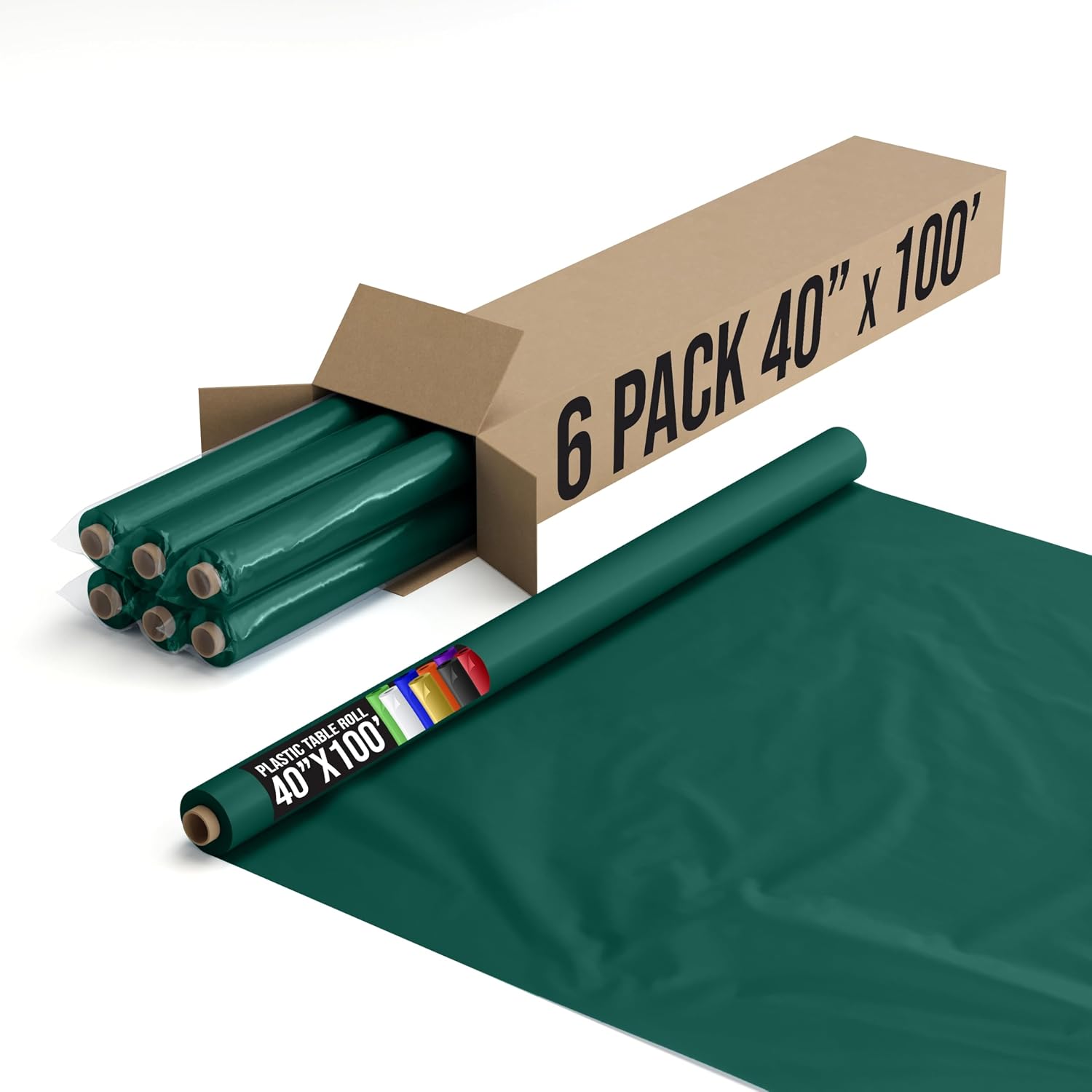 Exquisite Party Solids Dark Green Plastic Table Cover Roll Pack of 6, 40' X 100' Table Cloth Plastic Cover Roll - Premium Quality Thick 0.5 MIL Banquet Rolls - Disposable Tablecloth Rolls