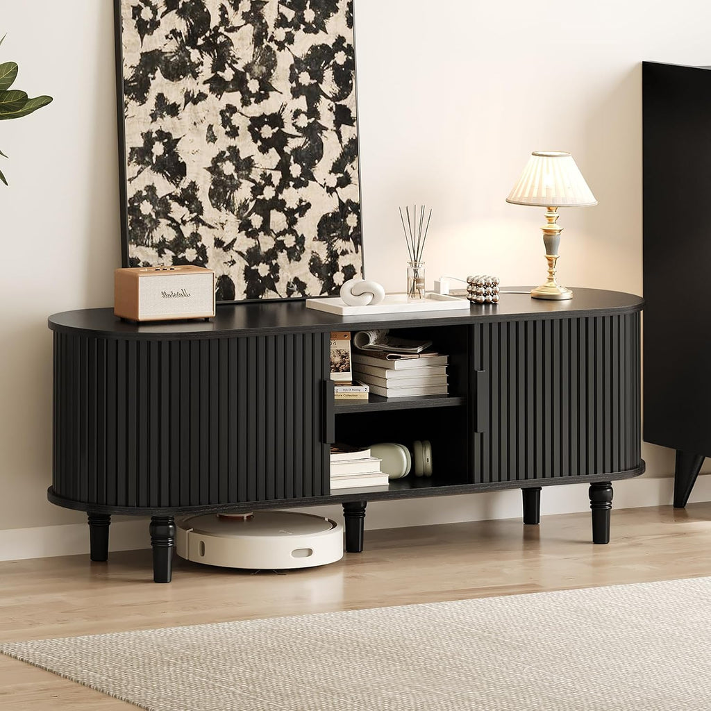 TV Console with Power Outlet-55' Entertainment Center with Sliding Tambour Door, Modern TV Stands for Living Room Bedroom, LED Media Stand with Storage Cabinet and Adjustable Shelves, Black