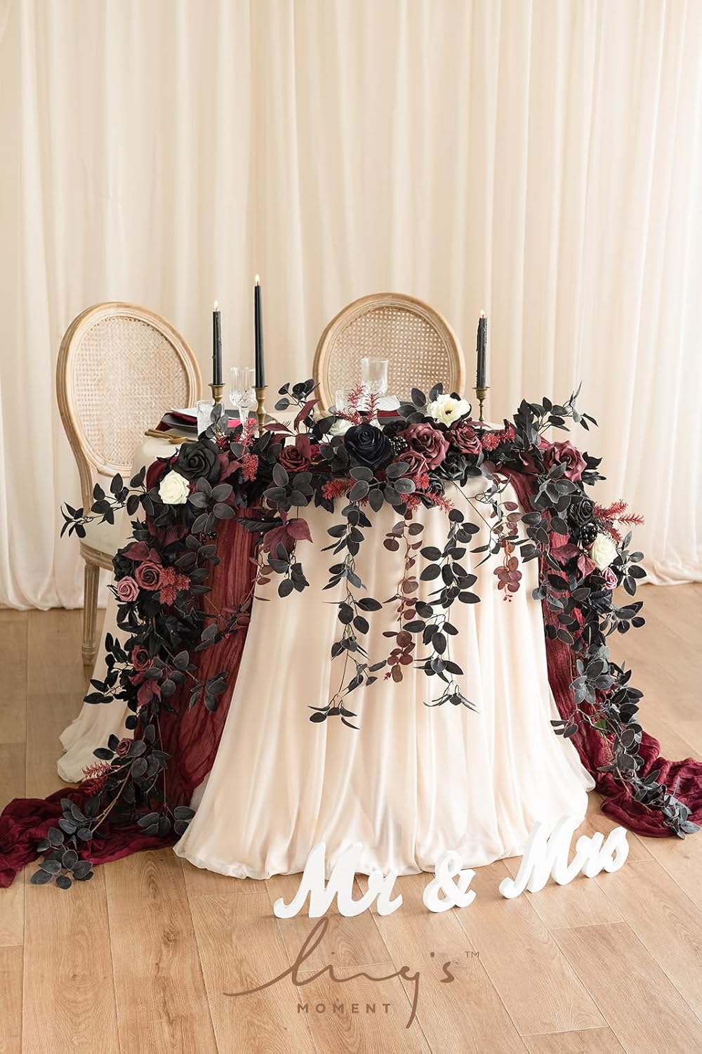Ling's moment 9FT Eucalyptus & Willow Leaf Garland with White Flower, Handcrafted Wedding Sweetheart Table Centerpieces Head Table Decor Arch Backdrop Decorations for Wedding | Black & Burgundy
