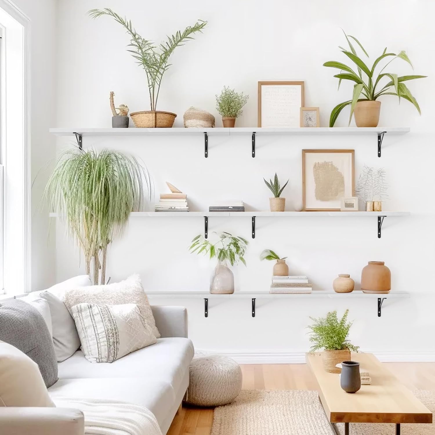 Kaboon 55 inch Long 10 inch Deep Floating Shelves for Wall Set of 2, Large Open Shelves Wall Mounted, Space Saving Home and Commercial Use, White Rock