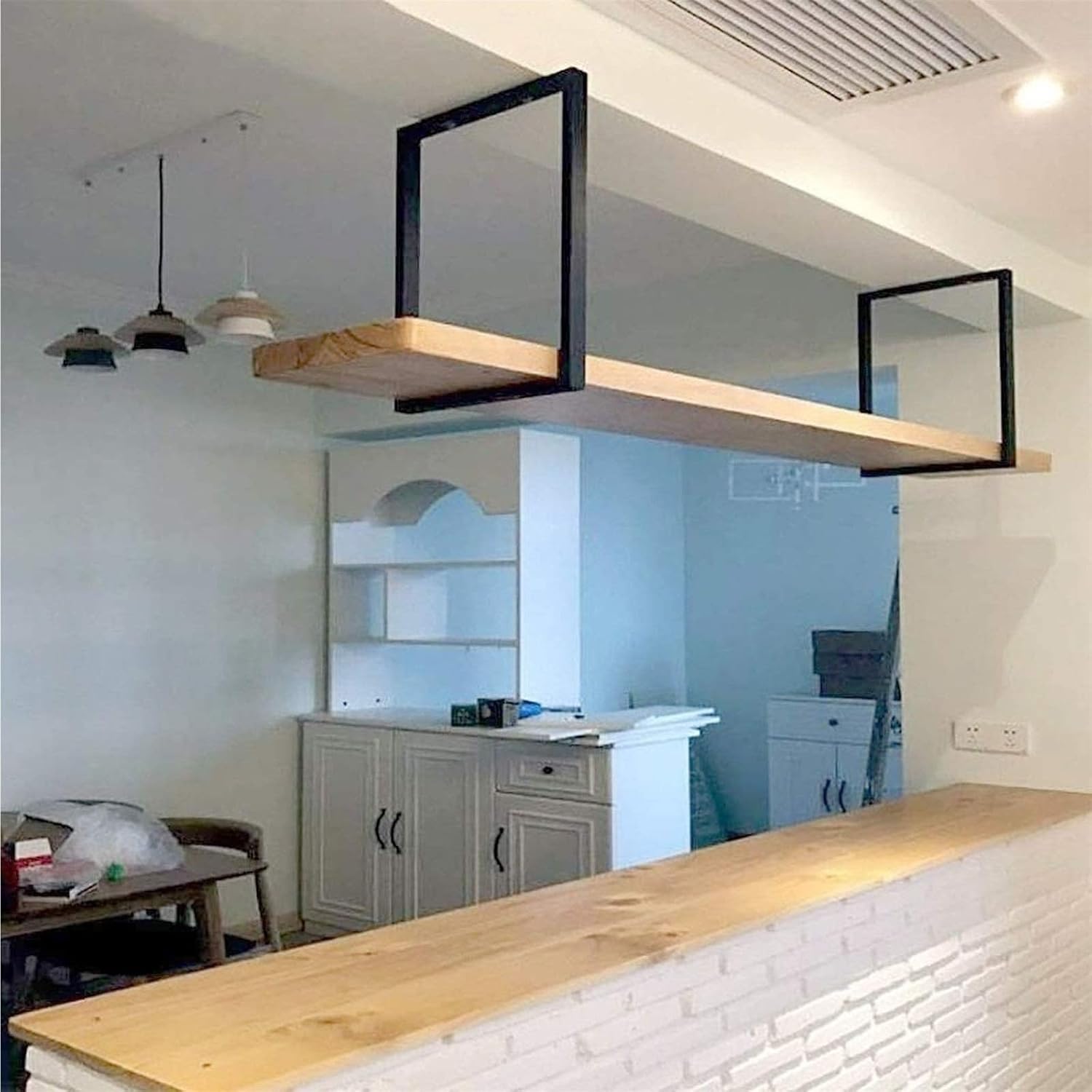 Corner Ledge Wall Shelf,Hanging Floating Shelf Wine Rack - Ceiling Solid Wood Bottle Rack/Bookshelf, Wall Mounted Wrought Iron Storage Rack, Kitchen/Bar/Living Room Plant Display Stand, Ceil