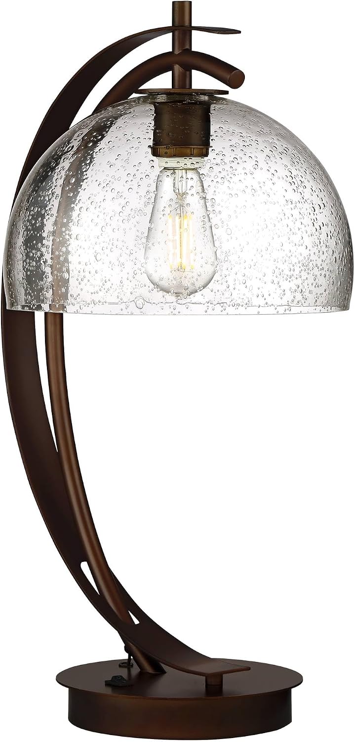 Possini Euro Design Calvin 22.5' High Modern Vintage Accent Table Lamp with USB Ports A+C Charging Filament LED Bronze Metal Glass Dome Shade - Living Room Desk Bedroom House Bedside Nightstand Home