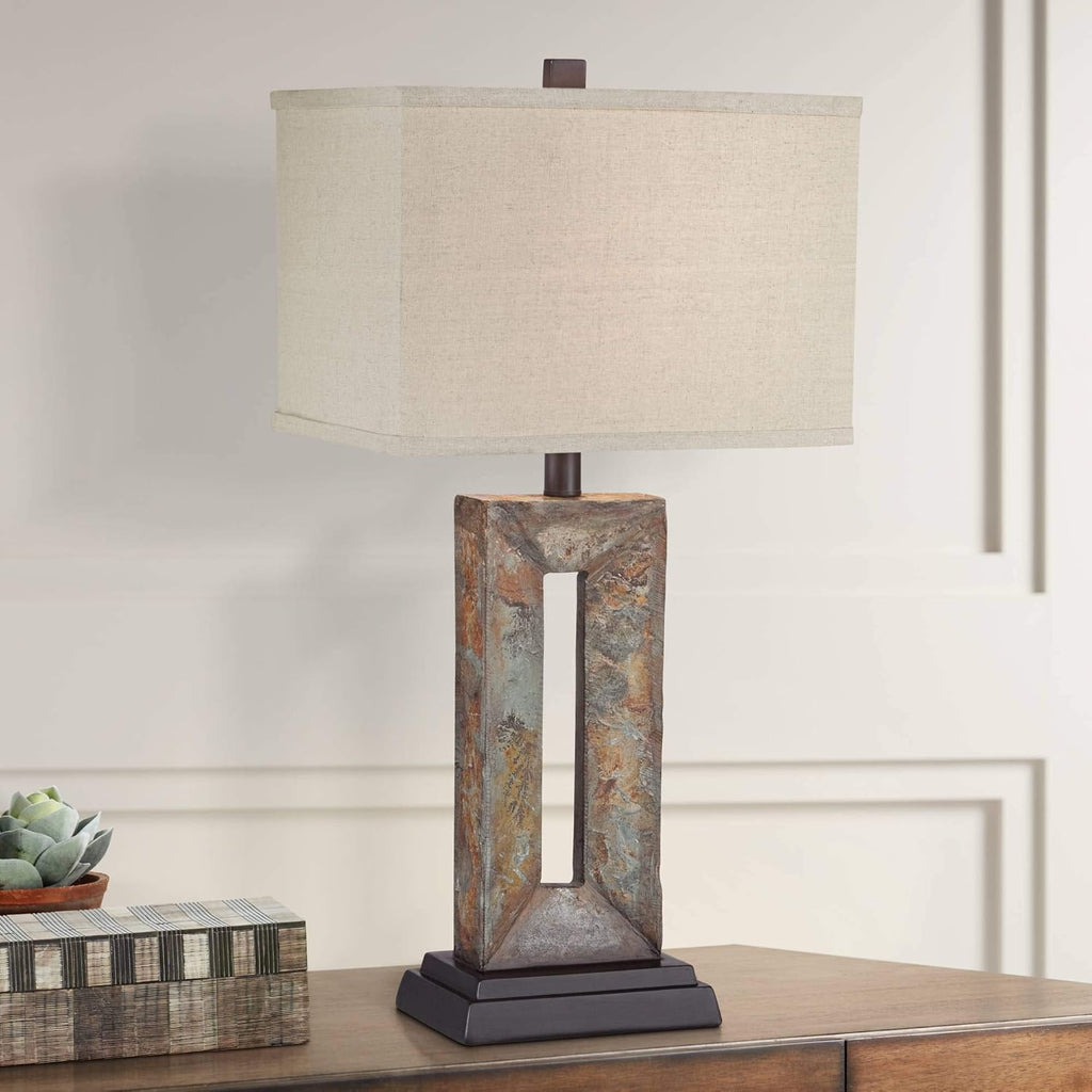 Franklin Iron Works Tahoe Small Rustic Traditional Style Table Lamps 26' High Set of 2 Natural Stale Open Base Rectangular Box Shade for Living Room Bedroom House Bedside Home (Colors May Vary)