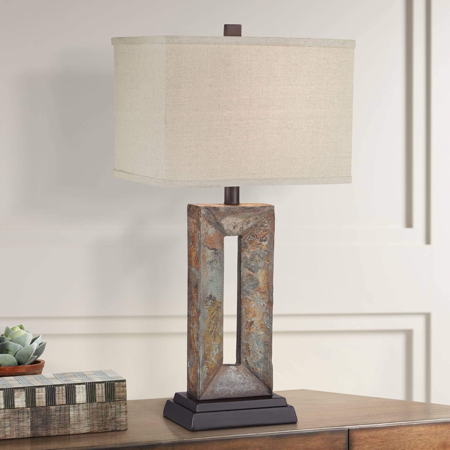 Franklin Iron Works Tahoe Small Rustic Traditional Style Table Lamps 26' High Set of 2 Natural Stale Open Base Rectangular Box Shade for Living Room Bedroom House Bedside Home (Colors May Vary)