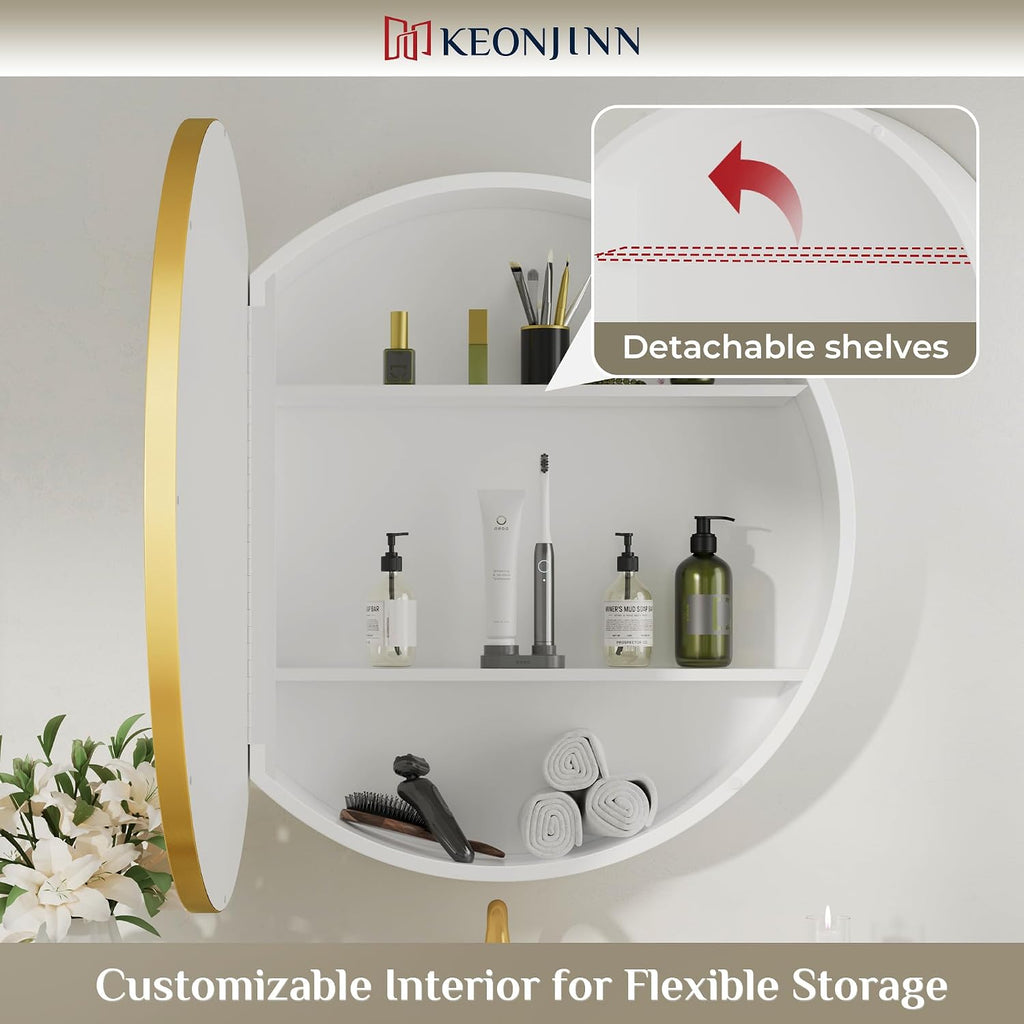 Keonjinn 20x20 Inch Round Gold Medicine Cabinet Mirror for Bathroom, Gold Surface Mount Medicine Cabinet with Mirror, Circular Framed Mirrored Medicine Cabinets, Modern Cabinet with Vanity Mirrors