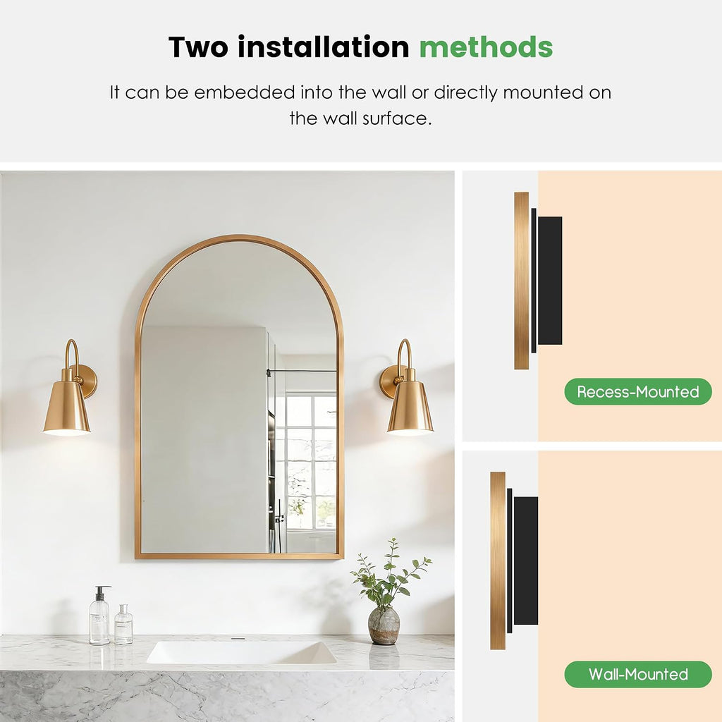 SogesPower 30'x20' Metal Medicine Cabinet with Mirror for Bathroom,Arched Recessed Medicine Cabinet with 2 Shelves, Wall-Mounted Bathroom Mirror with Storage,Gold