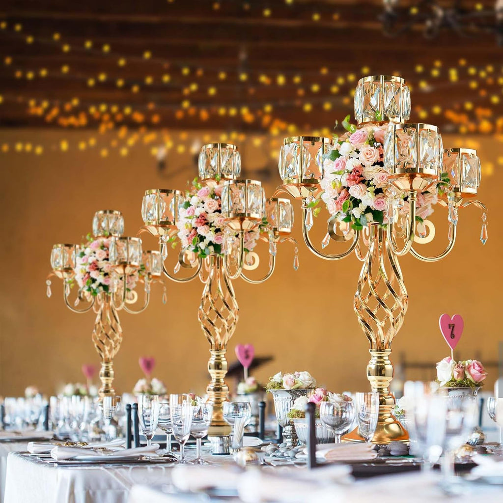 23.2 inch Tall Elegant and Chic 5 Arm Pendant Crystal Candlestick Holder Table Decoration tealight Candle Holder, Candelabra for Gorgeous Wedding/Parties Table Centerpiece (4, Gold)