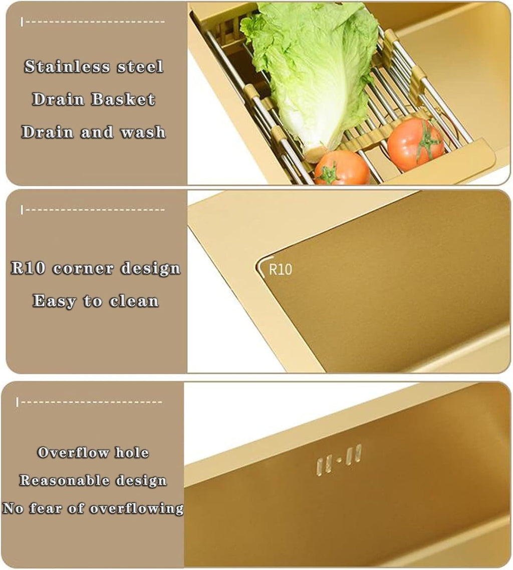 Gold 304 Stainless Steel Kitchen Sink,Single Bowl Sink with Gold Drainer Suitable for Bathroom,Bar,Restaurant (Gold-45x40x21cm