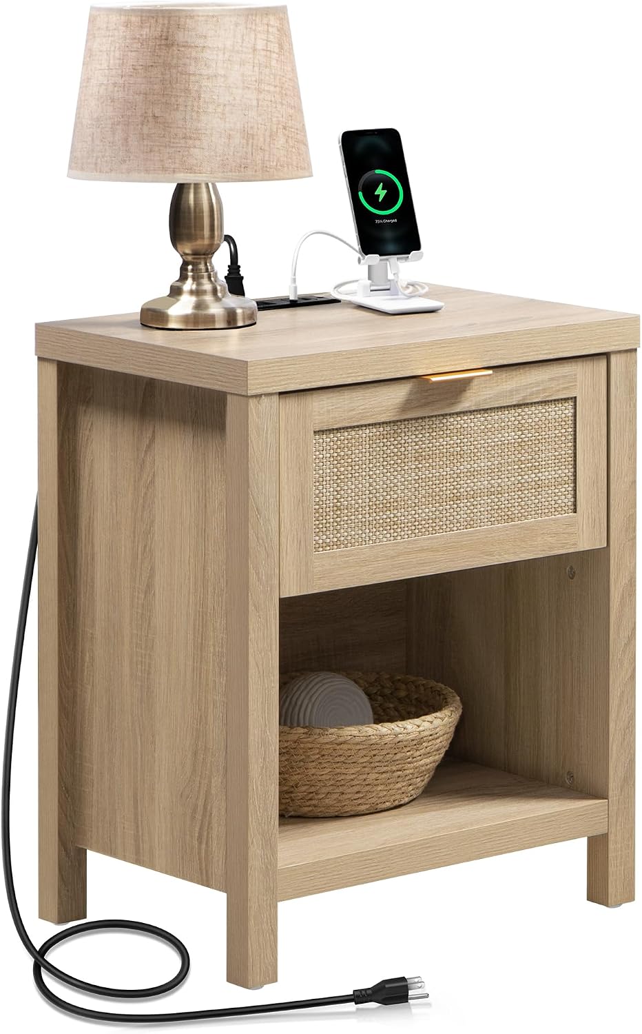 SICOTAS Night Stand with Charging Station - Rattan Nightstand with Type-C and USB Ports, Farmhouse Boho Bed Side Table with Drawer and Open Shelf for Bedroom Small Space, Light Oak