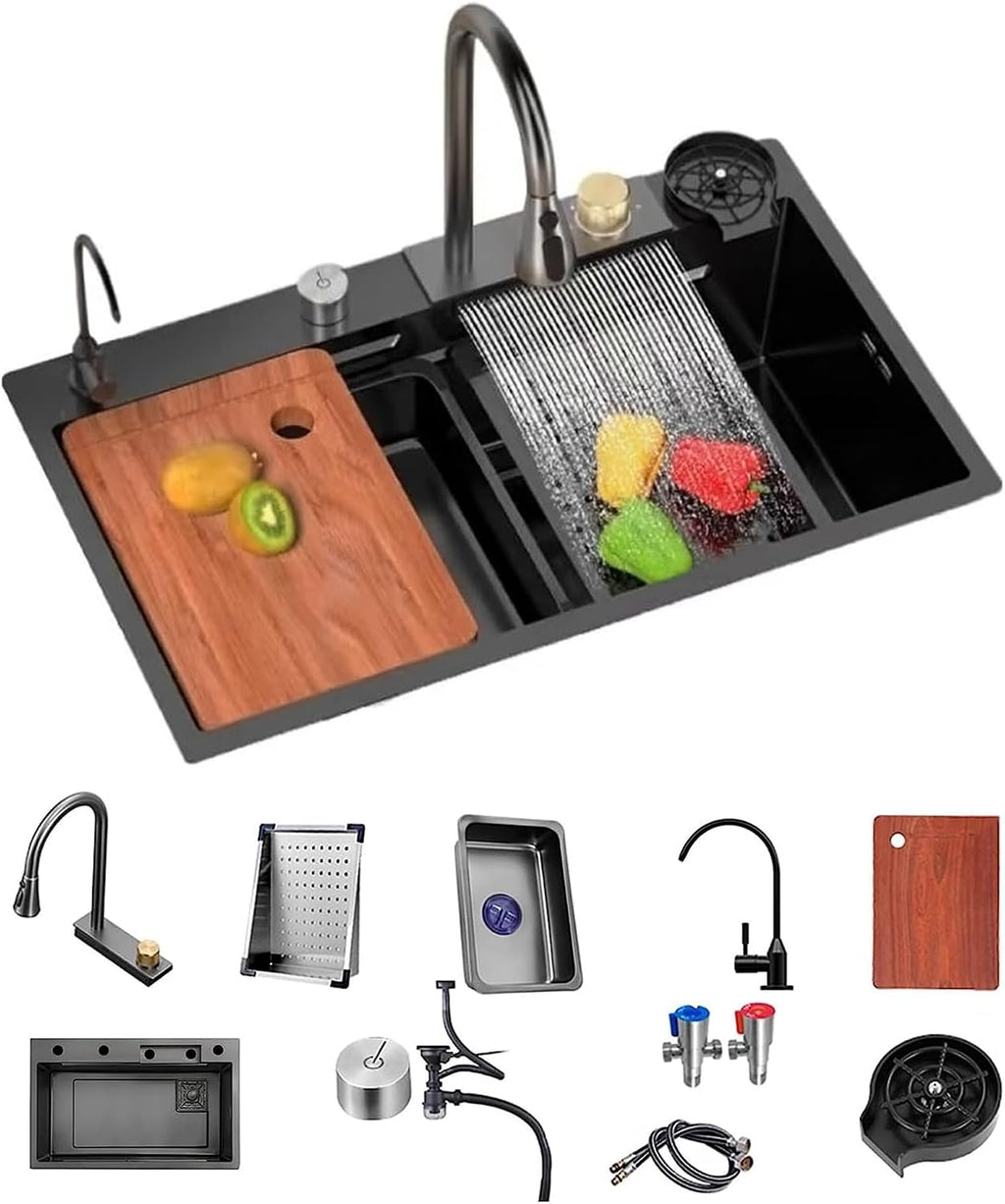 JATIBOSH Single Bowl Sink Workstation Black Stainless Steel Kitchen Sink Drop-in Outdoor Bar with Waterfall Design and Accessories (Color : BK, Size : 68x45CM)
