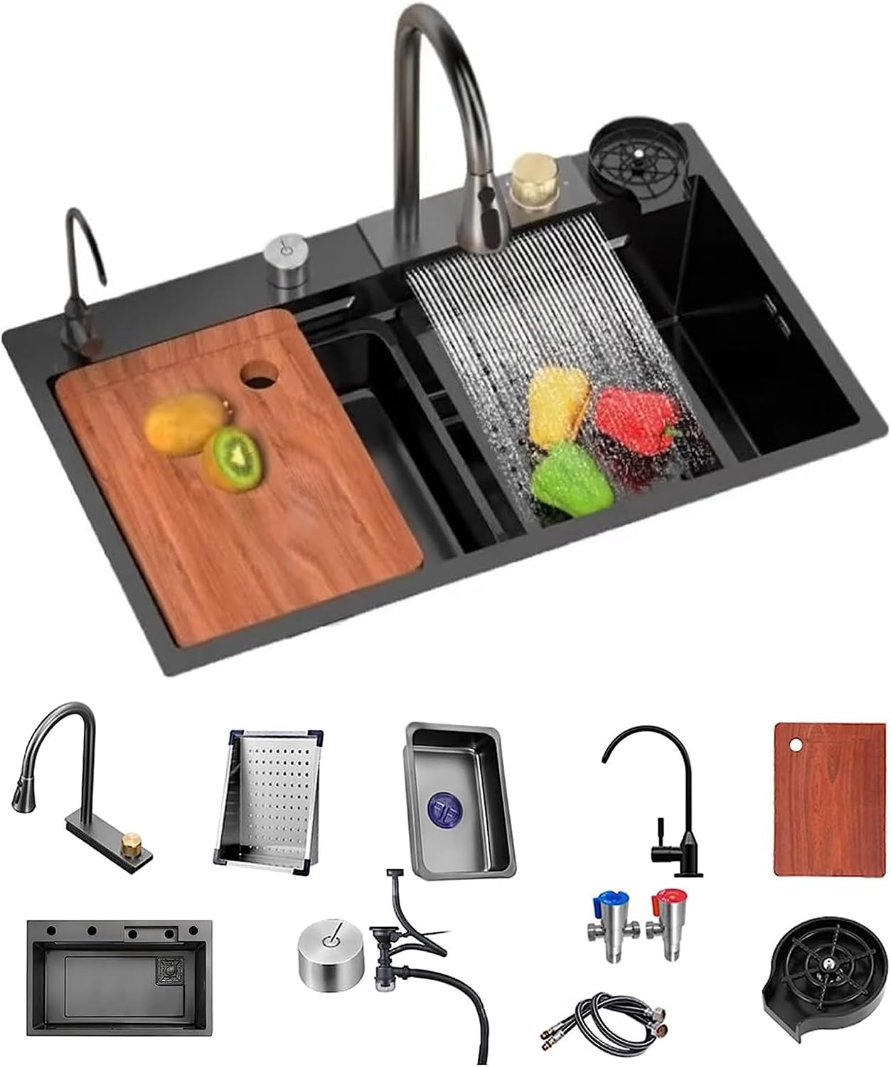JATIBOSH Single Bowl Sink Workstation Black Stainless Steel Kitchen Sink Drop-in Outdoor Bar with Waterfall Design and Accessories (Color : BK, Size : 68x45CM)