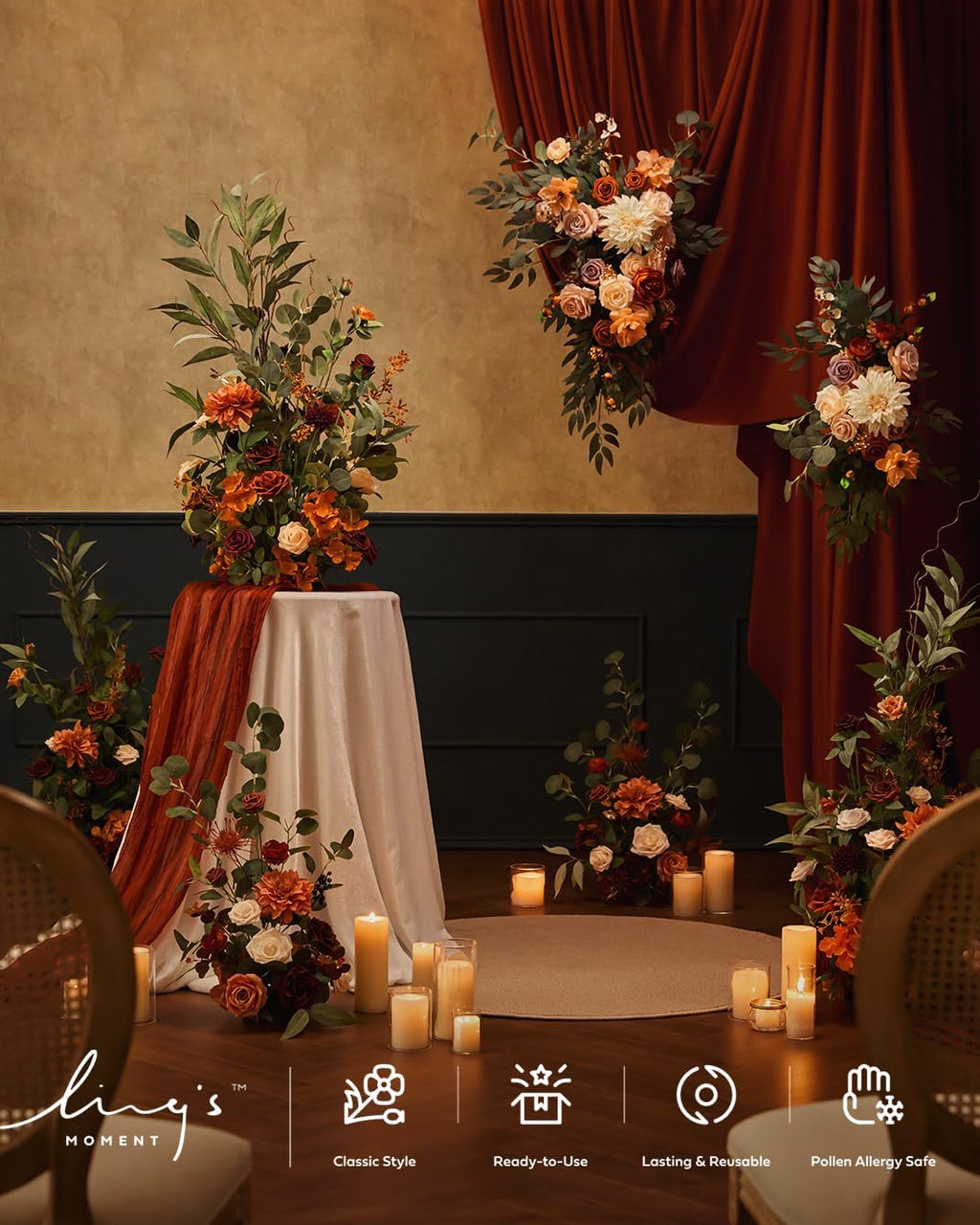 Ling's moment 17.5' Tall Standing Artificial Flowers Arrangements 4pcs Fall Wedding Aisle Runner Chair Decorations Sunset Terracotta Centerpieces Ceremony Reception Rose Floral Party Outdoor