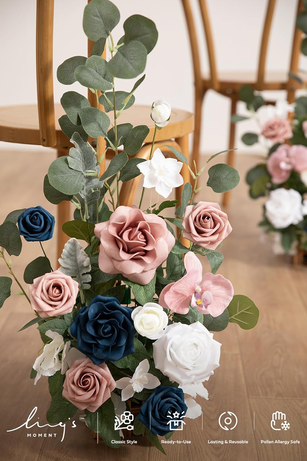 Ling's moment 17.5' Tall Standing Artificial Flowers Arrangements 4 pcs Wedding Aisle Runner Chair Decorations Dusty Rose Navy Centerpieces for Ceremony Reception Rose Floral Party Outdoor