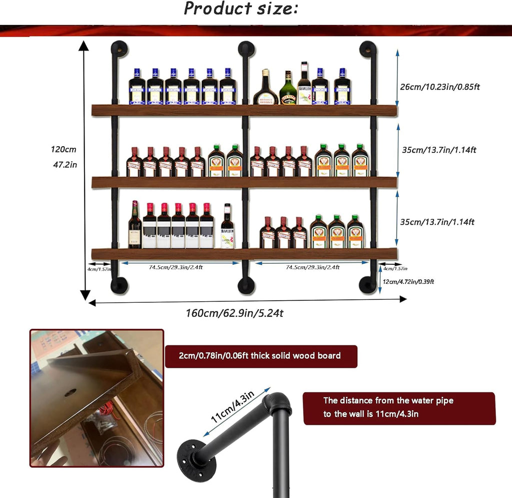 62.9in Large Wine Rack with LED Light Solid Wood Wall Mounted Wine Rack, 3-Tiers Liquor Bottles Floating Shelves Display Storage Organizer for Home Bar & Dining Room (160cm/62.9in)