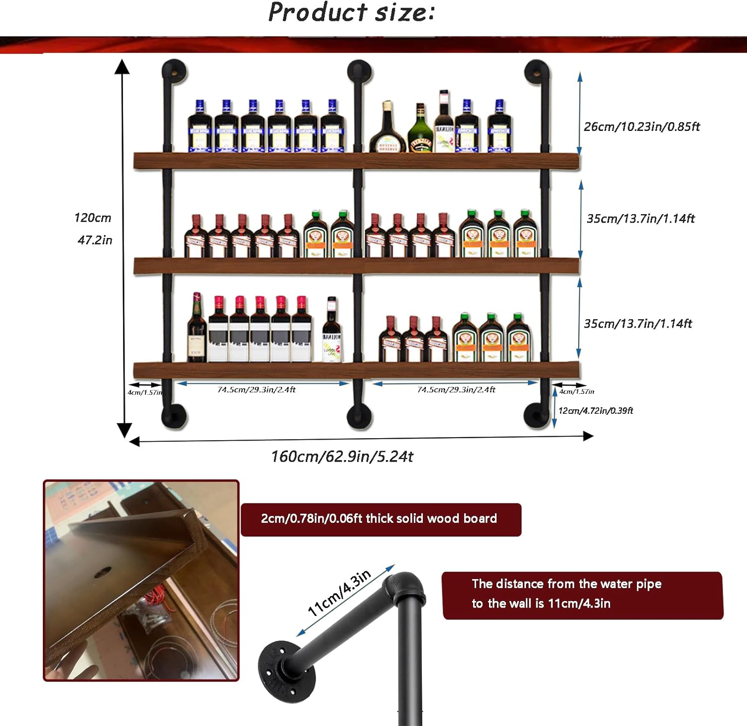 62.9in Large Wine Rack with LED Light Solid Wood Wall Mounted Wine Rack, 3-Tiers Liquor Bottles Floating Shelves Display Storage Organizer for Home Bar & Dining Room (160cm/62.9in)