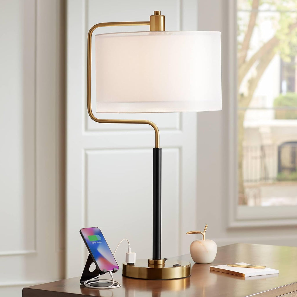 Possini Euro Design Carlyle 30.5' Tall Desk Lamp with USB Charging Ports and Outlet Mid Century Modern Warm Gold Double Drum Shades - Living Room Bedroom House Bedside Nightstand Home Office Family