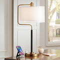 Possini Euro Design Carlyle 30.5' Tall Desk Lamp with USB Charging Ports and Outlet Mid Century Modern Warm Gold Double Drum Shades - Living Room Bedroom House Bedside Nightstand Home Office Family